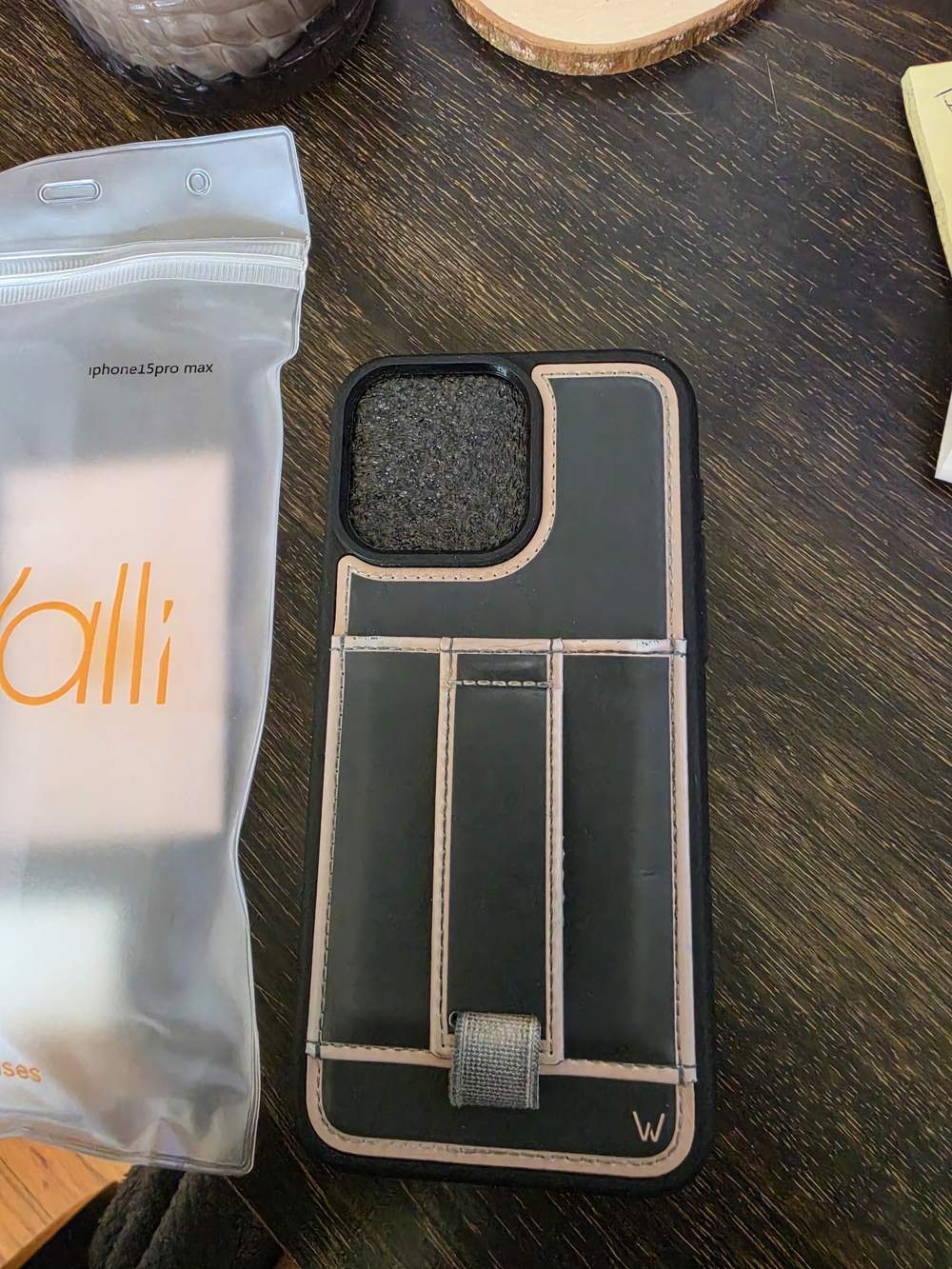 WallyWallet Black Leather Card Case for iPhone - Black with Tan Trim